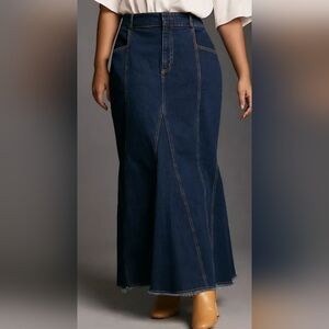 Pilcro Fluted Denim Dark Blue Maxi Skirt
